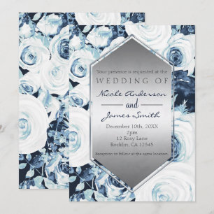 Blaue Weiße Silberne Winterhochzeit Vintage Rosen Einladung