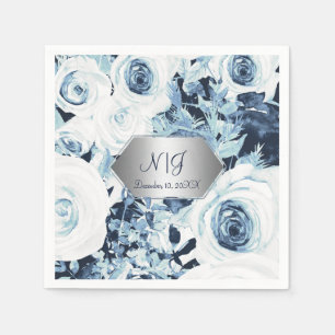 Blaue Weiße Silberne Winterhochzeit Vintage Rosen Serviette