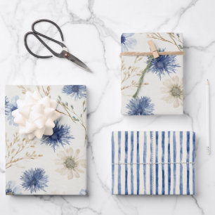 Blaue weiße Streifen Blumen Hochzeitsdusche Geschenkpapier Set