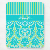 Blaue, weiße Streifen Damask Monogram Mousepad (Vorne)