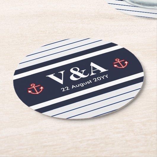 Blaue weiße Streifen der Marine Runder Pappuntersetzer (Angewinkelt)