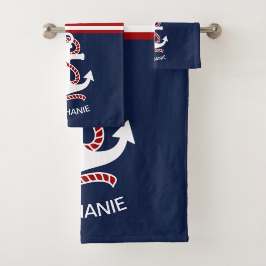 Blaue weiße Streifen der Nautik und weißer Anker Badhandtuch Set (Insitu)