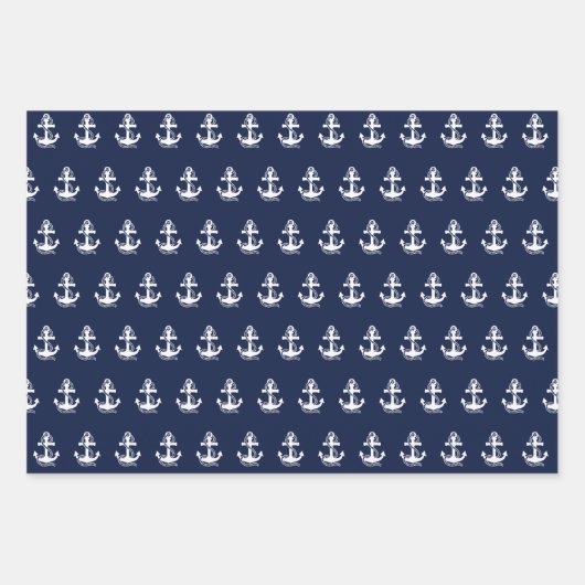 Blaue weiße Streifen der Nautik und weißer Anker Geschenkpapier Set (Vorderseite 3)