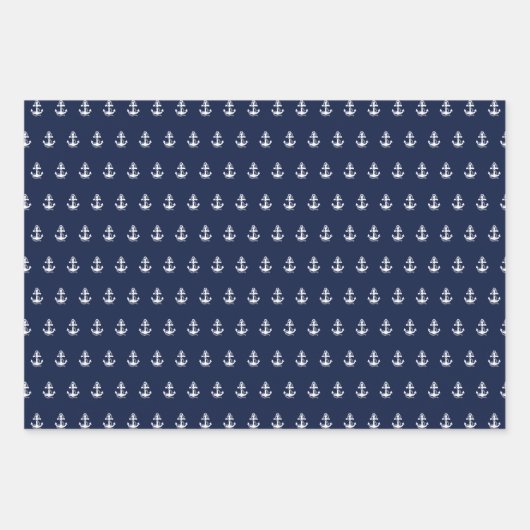 Blaue weiße Streifen der Nautik und weißer Anker Geschenkpapier Set (Vorderseite)