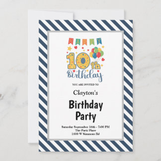 Blaue/weiße Streifen Gerahmt 10. Geburtstagsparty Einladung