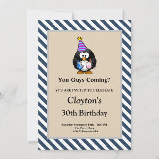 Blaue/weiße Streifen Gerahmte Funny Birthday Party Einladung