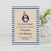 Blaue/weiße Streifen Gerahmte Funny Birthday Party Einladung (Stehend Vorderseite)
