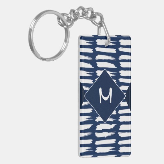 Blaue weiße Streifen Modernes Monogramm Schlüsselanhänger (Vorderseite links)