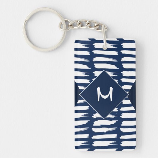 Blaue weiße Streifen Modernes Monogramm Schlüsselanhänger (Vorderseite)