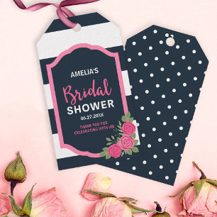 Blaue Weiße Streifen Rosa Rosen Brautparty Geschenkanhänger
