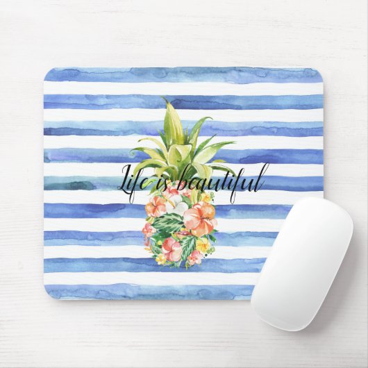 Blaue weiße Streifen tropische Ananas Mousepad (Mit Mouse)