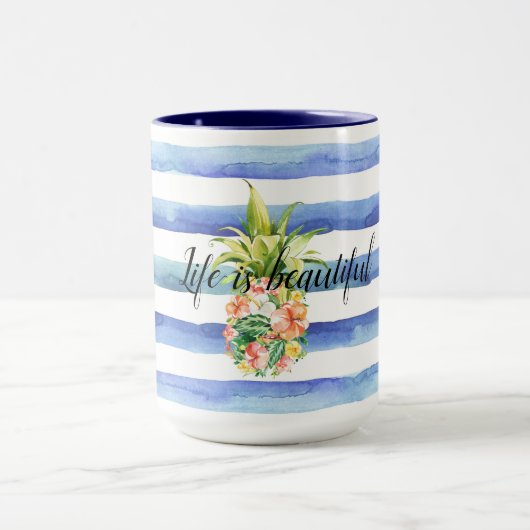 Blaue weiße Streifen tropische Ananas Tasse (Zentrum)