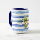 Blaue weiße Streifen tropische Ananas Tasse (Vorderseite Links)