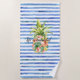 Blaue weiße Streifen Tropische Blumenmuster Ananas Strandtuch
