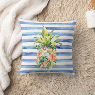 Blaue Weiße Streifen Tropisches Florales Ananas Kissen