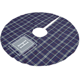 Blaue weiße Tartan-Monogramm  Polyester Weihnachtsbaumdecke