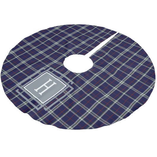 Blaue weiße Tartan-Monogramm Polyester Weihnachtsbaumdecke (Schrägansicht)