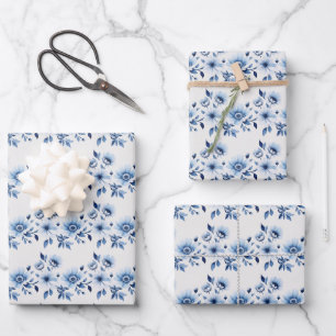 Blaue weiße Toile-Blumenhochzeit Baby Shower Geschenkpapier Set