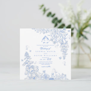 Blaue weiße Toile-Botanical-Hochzeit Einladung