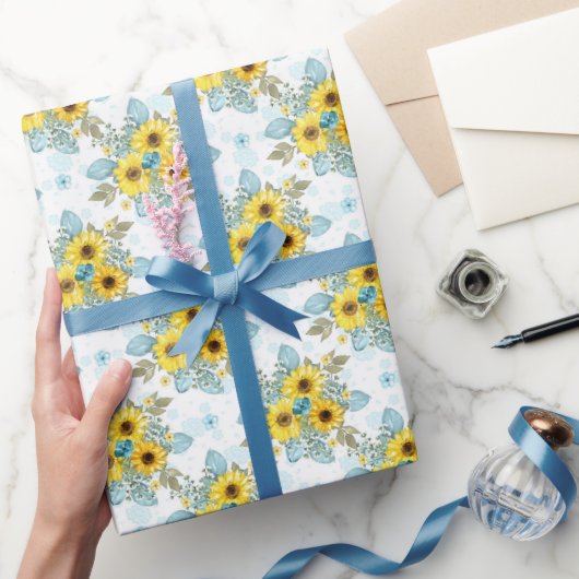 Blaue, weiße und gelbe Sonnenblumen Geschenkpapier (Schenken)