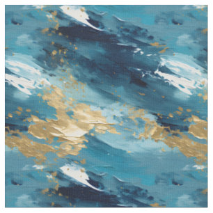 Blaue, Weiße und Goldene Abstrakte Malerei Stoff