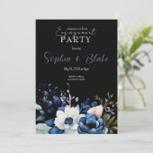 Blaue, weiße und grüne Blumen-Schwarz-Engagement-P Einladung (Stehend Vorderseite)