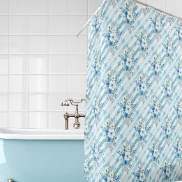 Blaue weiße Wasserfarben-Blumen-Diagonalstreifen Duschvorhang