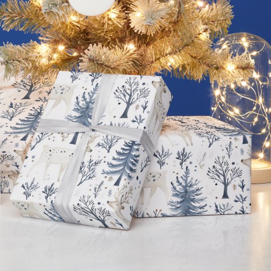 Blaue Weiße Weihnachtsbäume Hirsche Geschenkpapier (Feiertage)