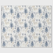 Blaue Weiße Weihnachtsbäume Hirsche Geschenkpapier (Flach)