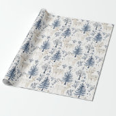 Blaue Weiße Weihnachtsbäume Hirsche Geschenkpapier (Ungerollt)