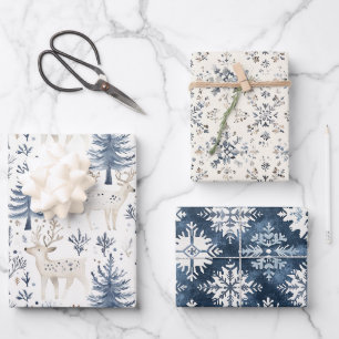 Blaue Weiße Weihnachtsbäume Hirsche Geschenkpapier Set