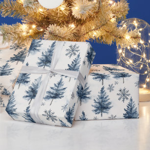 Blaue Weiße Weihnachtsbäume Schneeflocken Geschenkpapier