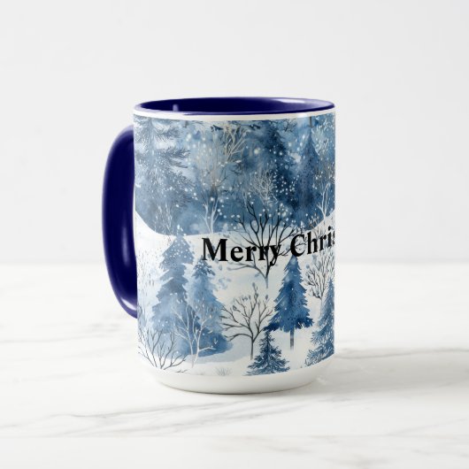 Blaue weiße Weihnachtsbäume Tasse (Vorderseite Links)