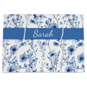 Blaue weiße Wildblumen-Blumen-Monogramm-Name Große Geschenktüte (Vorderseite)