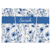 Blaue weiße Wildblumen-Blumen-Monogramm-Name Große Geschenktüte (Rückseite)