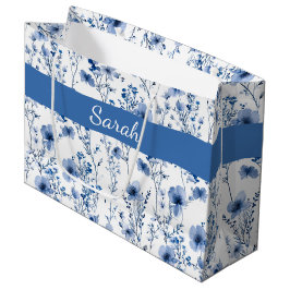 Blaue weiße Wildblumen-Blumen-Monogramm-Name Große Geschenktüte