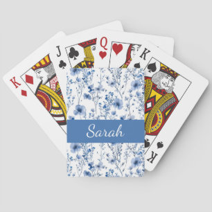 Blaue weiße Wildblumen-Blumen-Monogramm-Name Spielkarten