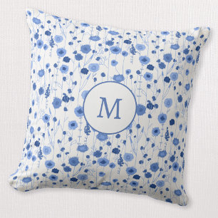 Blaue weiße Wildblumen-Monogramm-Initiale floral Kissen