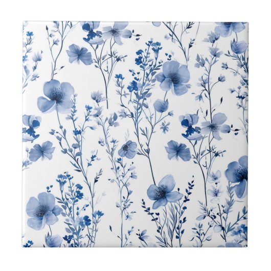 Blaue weiße Wildblumen-Wasserfarben-Blumenmuster Fliese (Vorderseite)