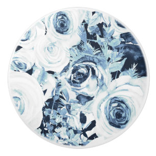 Blaue Weiße Winter Blumen Rosen Vintage Shabby Chi Keramikknauf