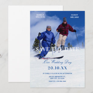 Blaue weiße Winter-Ski-Hochzeitsfoto Save The Date