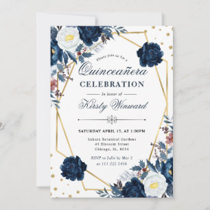 Blaue Weiße Winterblumen und Rahmen Quinceanera Einladung