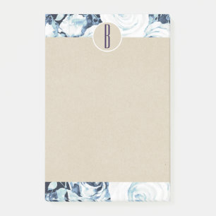 Blaue Weiße Winterrosen Kraft Rustikales Monogramm Post-it Klebezettel