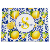Blaue weiße Zitronen-Fliesenmuster-Monogramm-Name- Große Geschenktüte (Vorderseite)