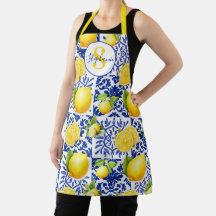 Blaue weiße Zitronen-Fliesenmuster-Monogramm-Name-