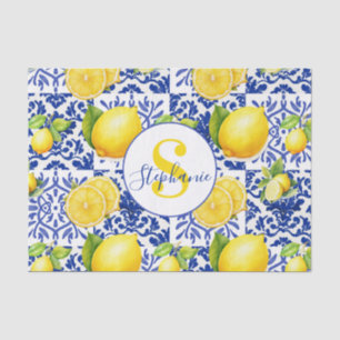 Blaue weiße Zitronen-Fliesenmuster-Monogramm-Name- Seidenpapier