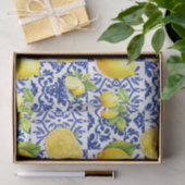 Blaue weiße Zitronen-Fliesenmuster-Monogramm-Name- Seidenpapier (Geschenk)