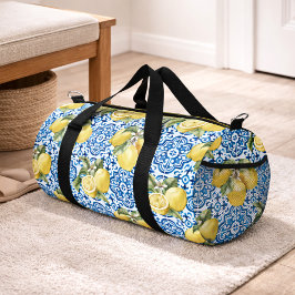 Blaue weiße Zitronenfliese mediterranes Muster Duffle Bag