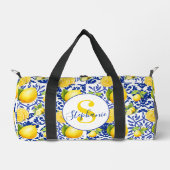 Blaue weiße Zitronenfliesen-Muster-Monogramm-Name- Duffle Bag (Vorderseite)