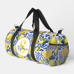 Blaue weiße Zitronenfliesen-Muster-Monogramm-Name- Duffle Bag